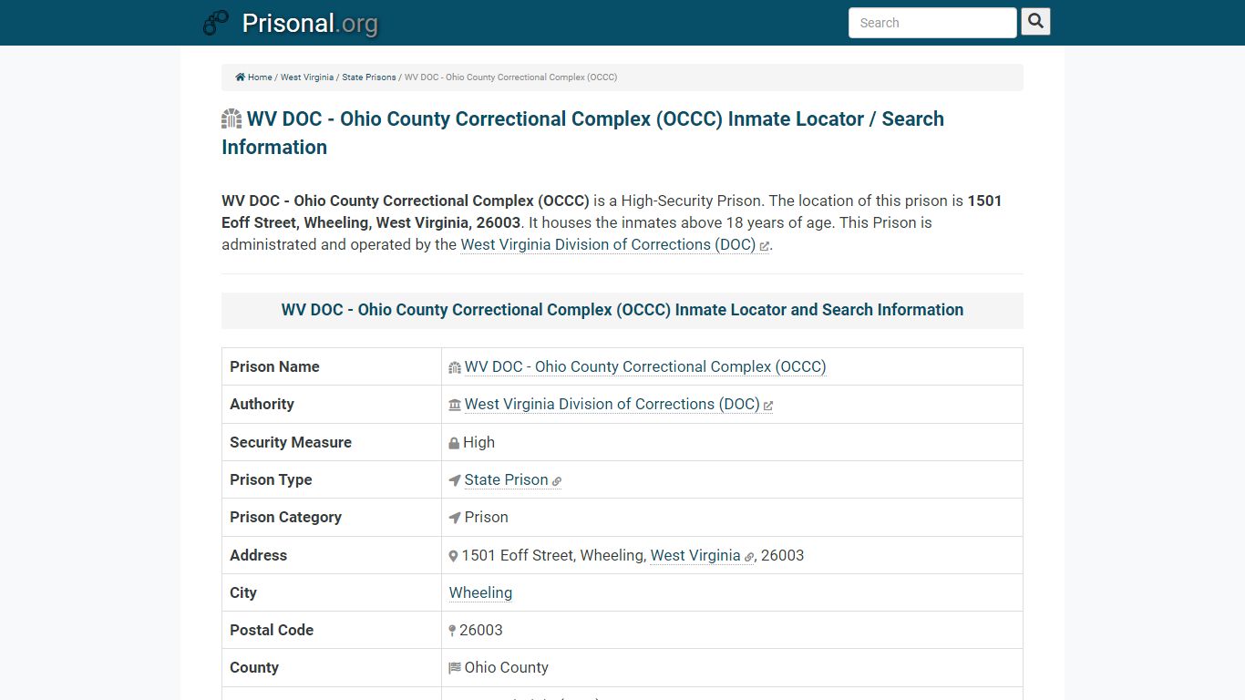 WV DOC - Ohio County Correctional Complex (OCCC)-Inmate ...